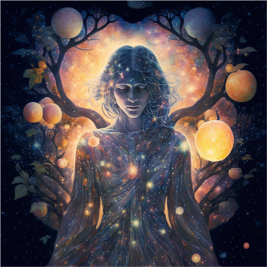 Mystical woman with spiritual tree behind her, with glowing yellow orbs all around.